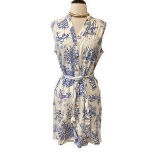 Chloe + Rene Linen blend Cottage Print Dress Blue and White Sleeveless M